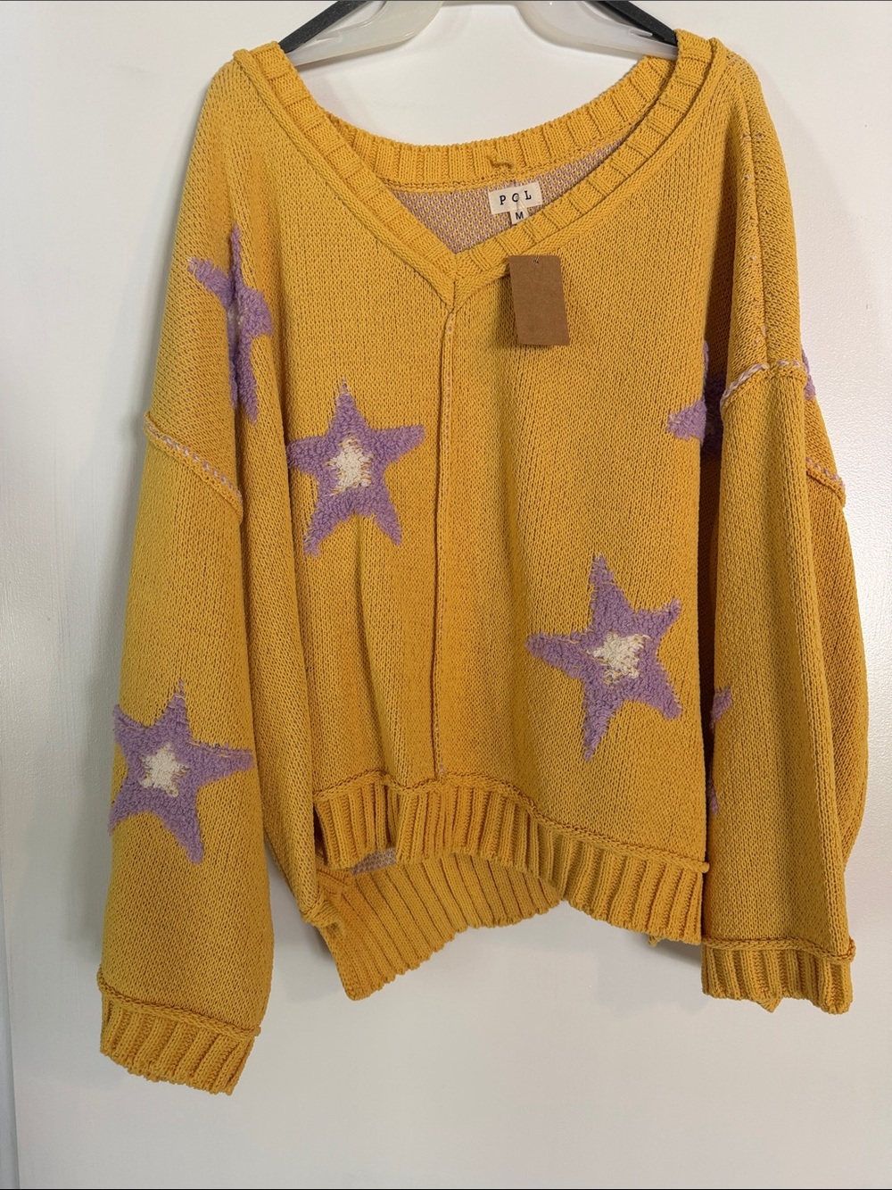 POL Mustard Yellow V-Neck Sweater with Purple Star Motifs
